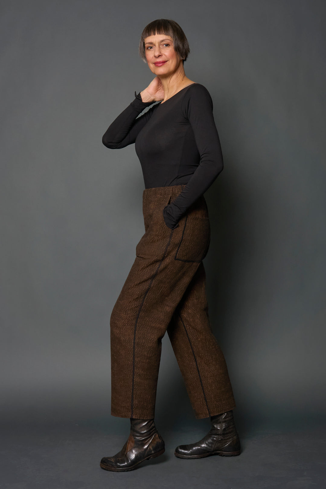 DENIM SUN-DYE KANTHA STRAIGHT PANTS - ds3664-brn -