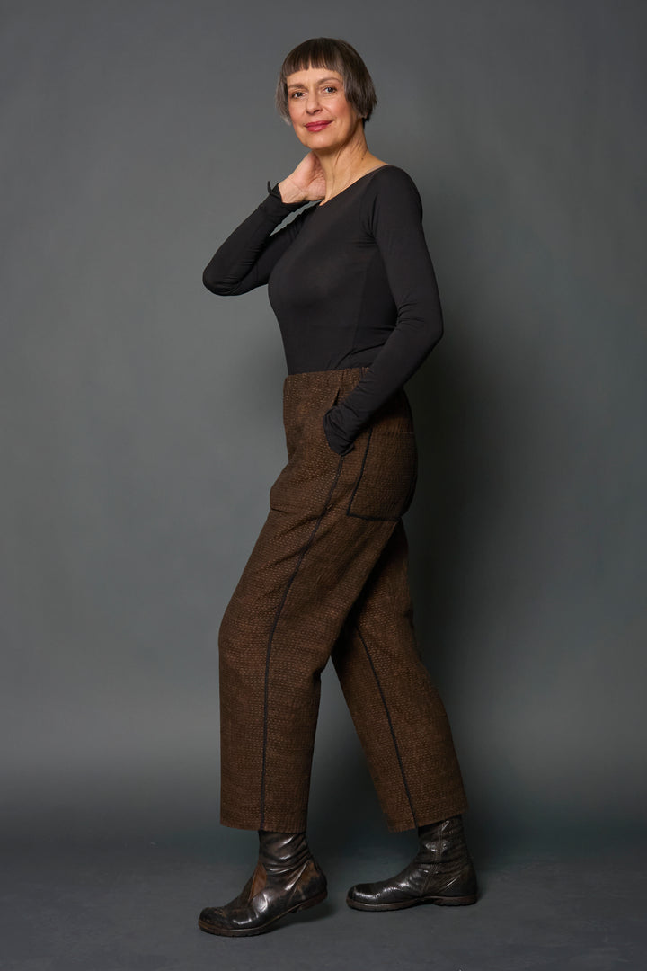 DENIM SUN-DYE KANTHA STRAIGHT PANTS - ds3664-brn -