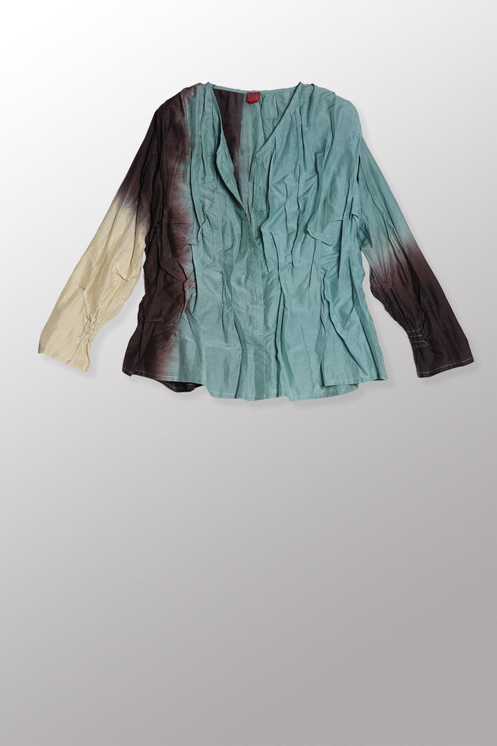 DYED COTTON SILK VOILE WAVY V-NECK TUCKED BLOUSE - dc1542-ogn -