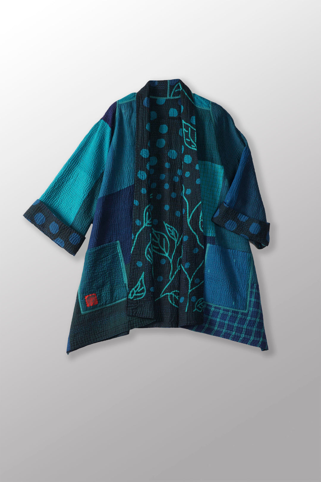 OVERDYED POLKA DOTS & LEAVES KANTHA A-LINE JACKET - dl4003-tuq -