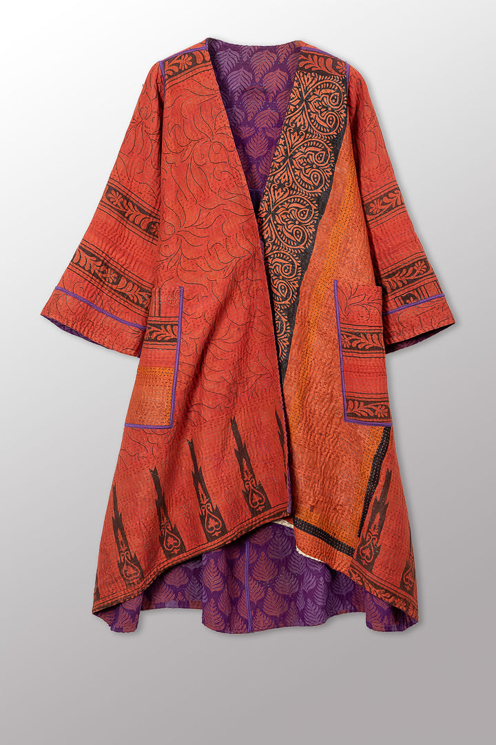 VINTAGE SILK GEORGETTE COTTON KANTHA WRAP FLARE COAT - gc4330-0002a -