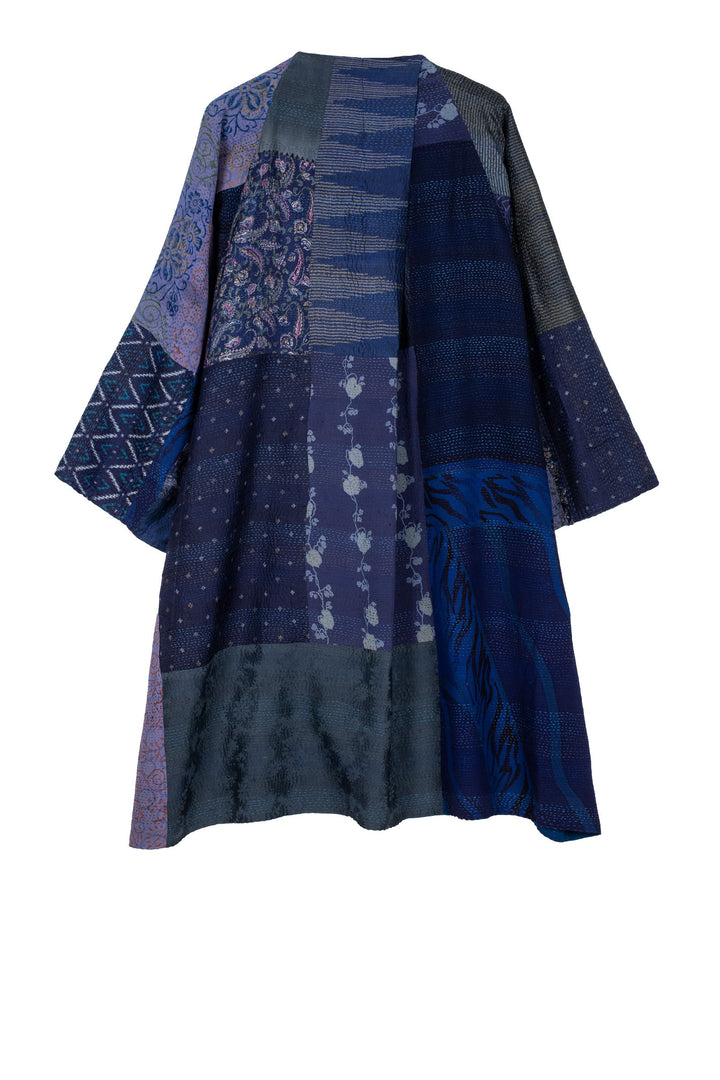 GEORGETTE VINTAGE SILK PATCH KANTHA KIMONO DUSTER - gs2317-nvy -