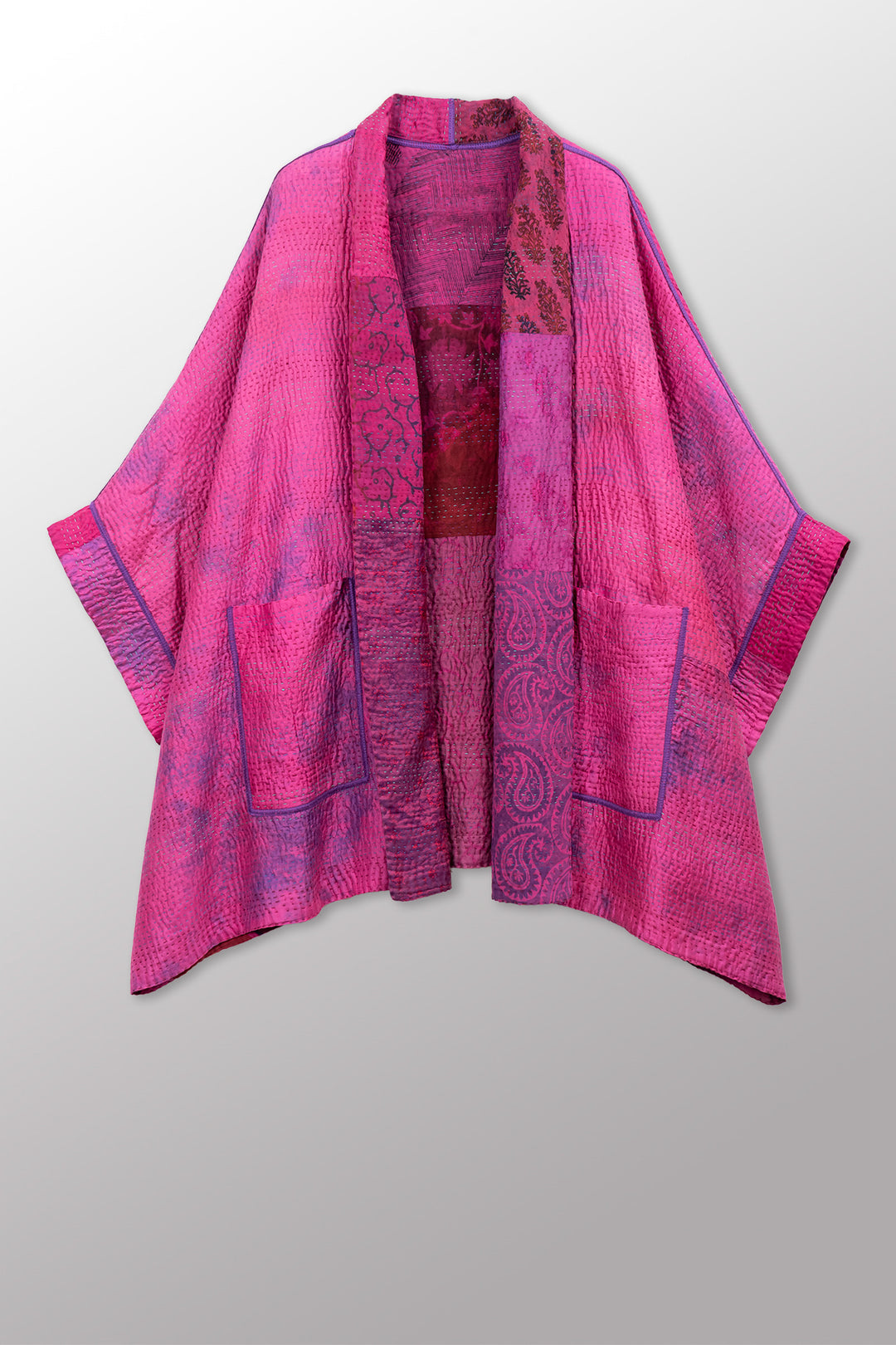 GEORGETTE JACQUARD VINTAGE SILK PATCH KANTHA DOUBLE COLLAR PONCHO - gj4323-pik -