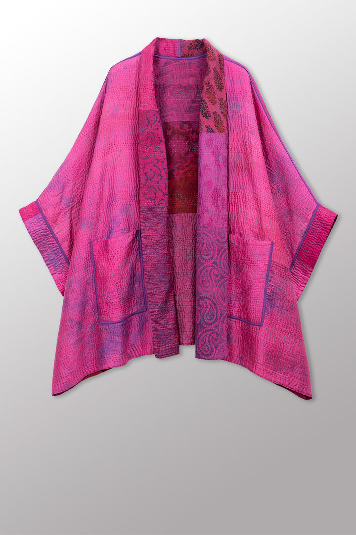 GEORGETTE JACQUARD VINTAGE SILK PATCH KANTHA DOUBLE COLLAR PONCHO - gj4323-pik -