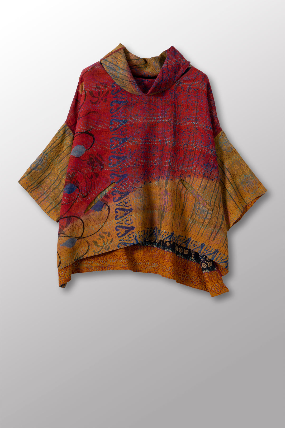VINTAGE SILK GEORGETTE COTTON KANTHA COWL NECK PONCHO - gc2061-0001a -