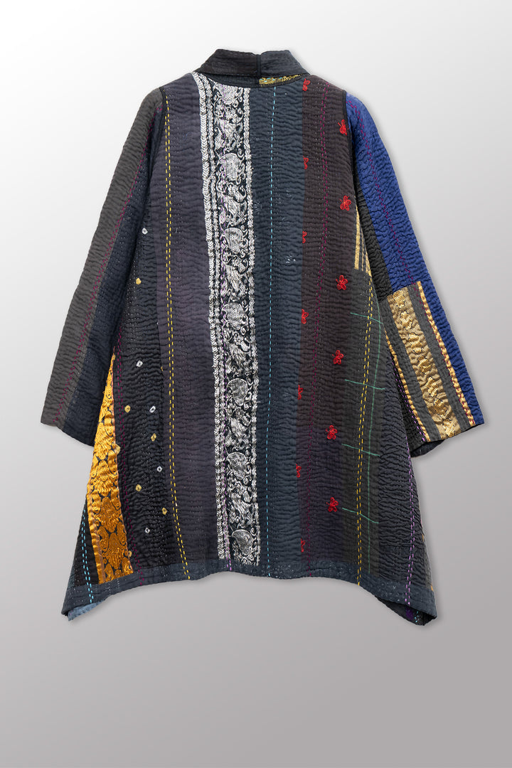 JEWEL WOVEN WITH VERTICAL PATCH KANTHA A-LINE JACKET - jv4003-blk -
