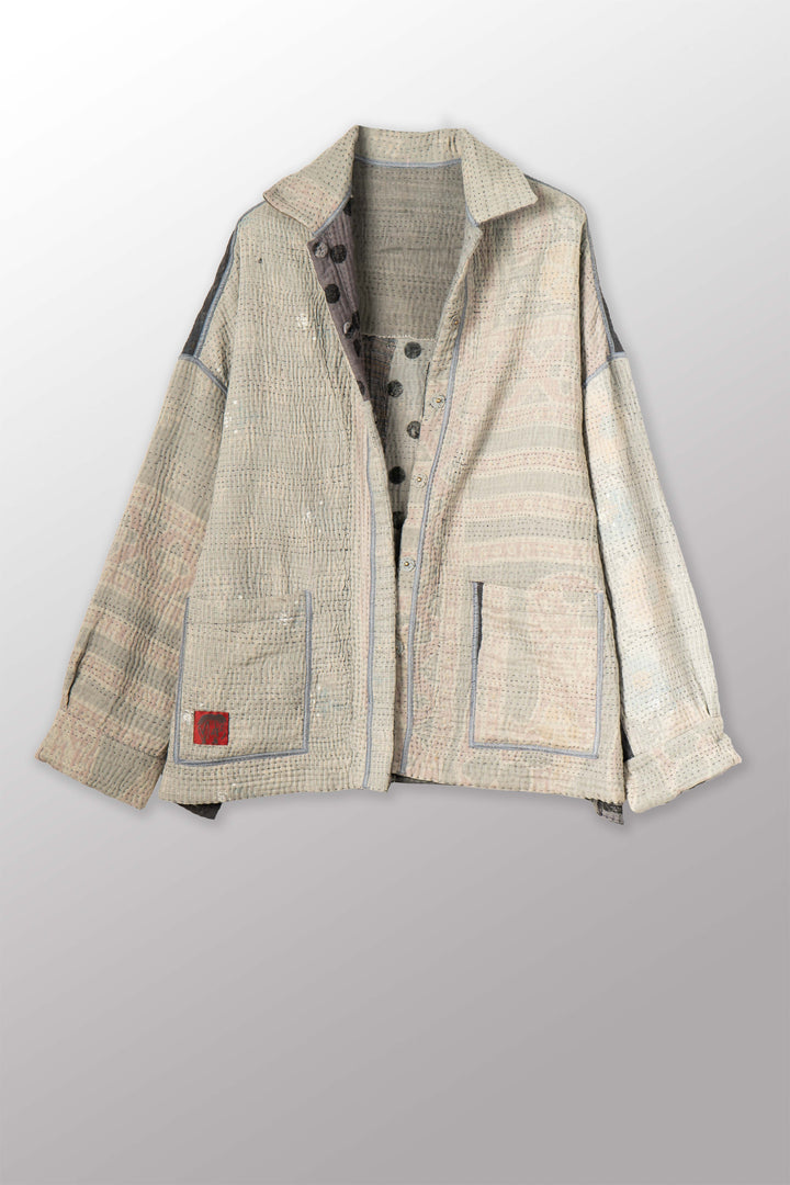FRAYED PATCH KANTHA WITH STAMP RELAXED SHIRT JACKET - sp-fi4j105-gry -