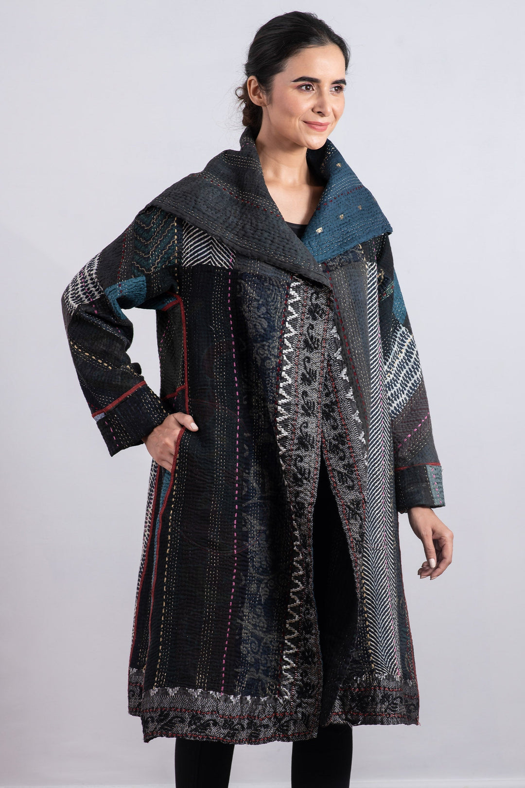 STRIPE RALLIS KANTHA A-LINE COAT - pr4309-blk -