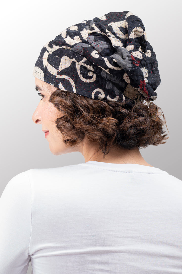 BLACK AND WHITE PRINT PATCH KANTHA PATCHWORK HAT - pn4880-blk -