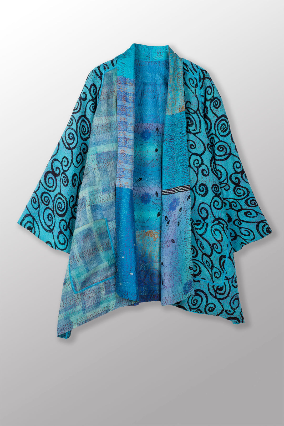 GEORGETTE VINTAGE SILK PATCH KANTHA A-LINE JKT - gs2003-tuq -