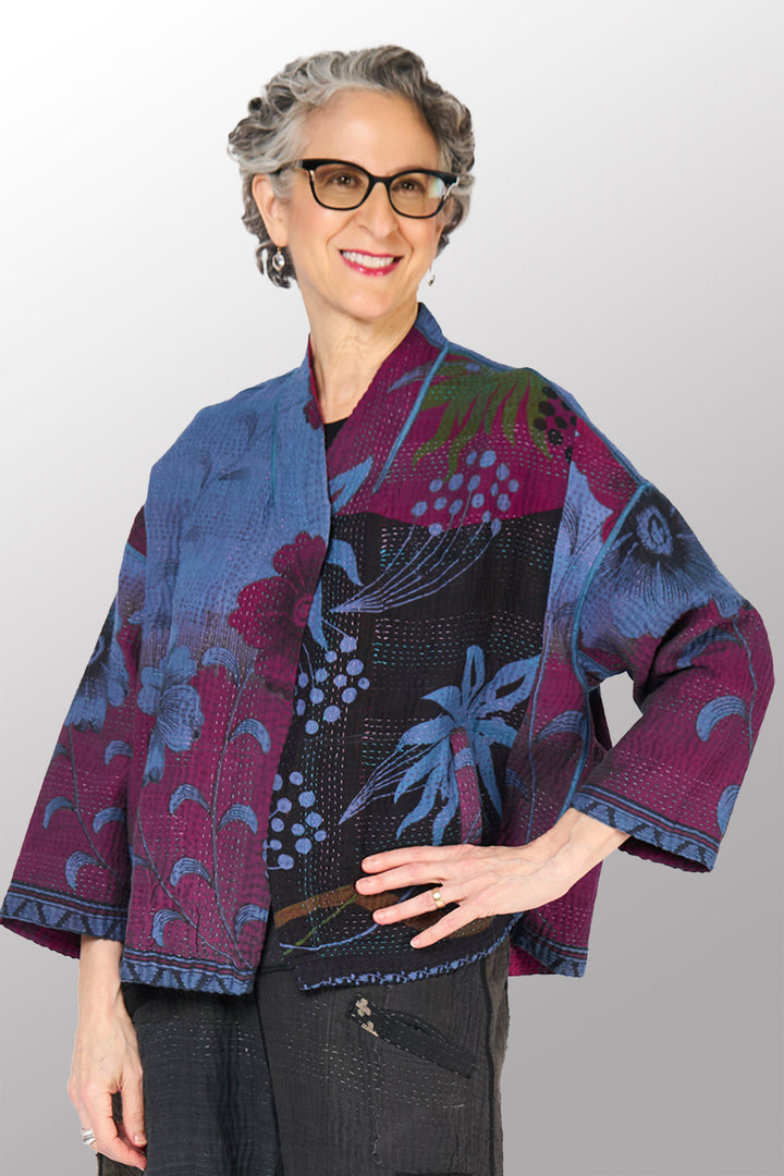 COTTON OVERDYE KANTHA STAND COLLAR CROPPED JKT - ov4034-cfus001a -