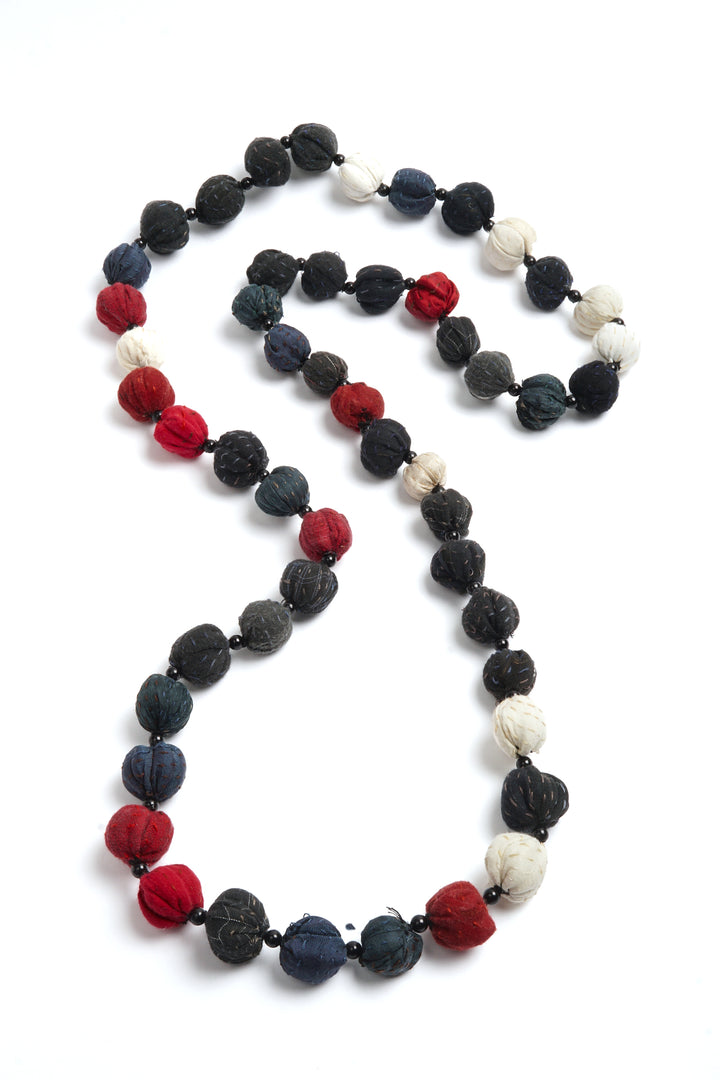 COTTON SILK MIX PATCH KANTHA SMALL NUTS LONG NECKLACE - mx2706-blk -
