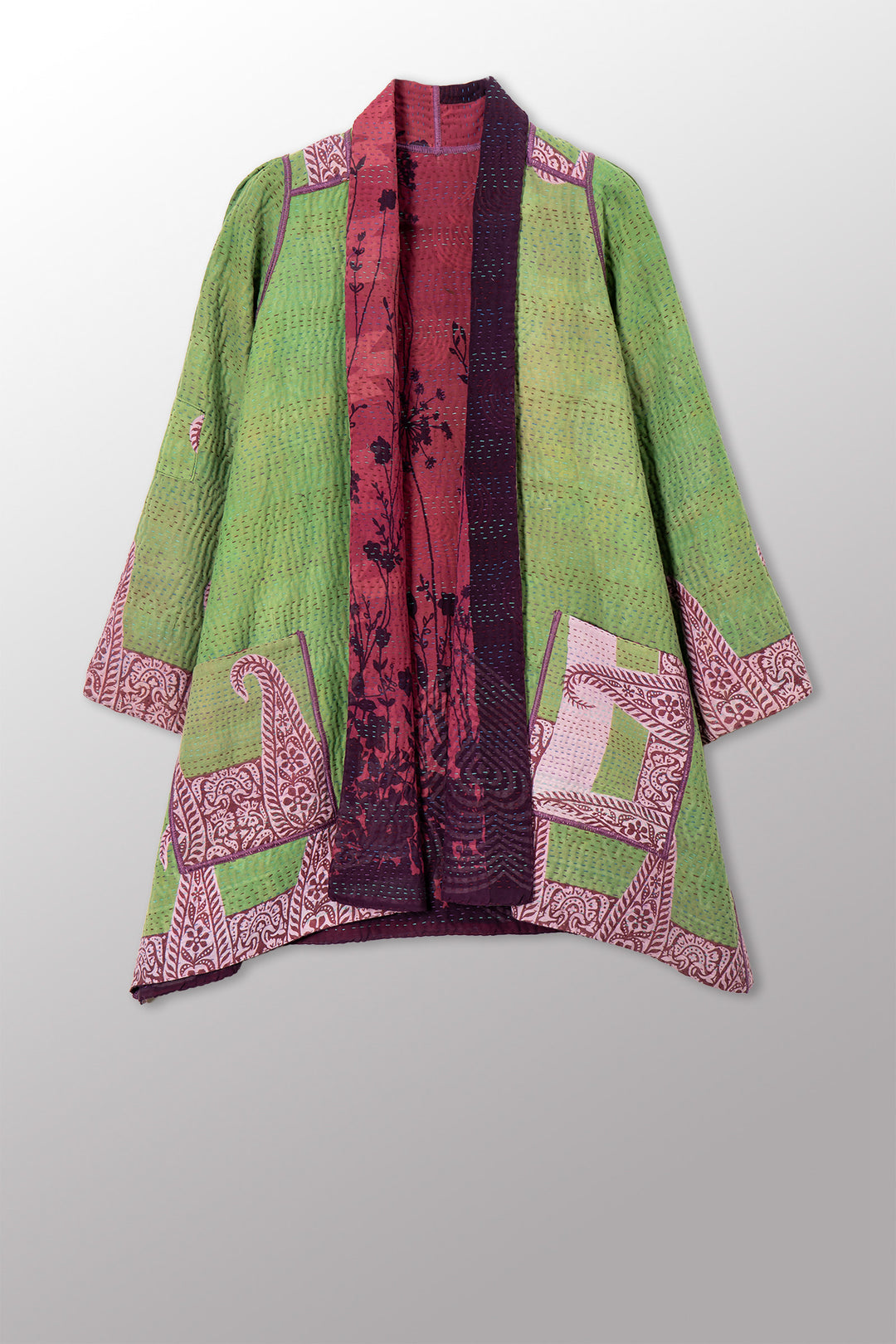 VINTAGE SILK GEORGETTE COTTON KANTHA A-LINE JACKET - gc4003-0003a -