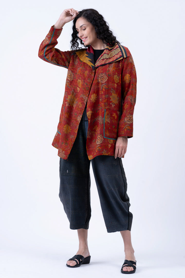 VINTAGE SILK GEORGETTE COTTON KANTHA POCKET JKT - gc2002-0015a -