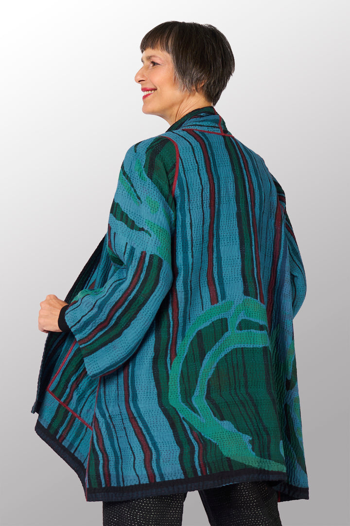 OVERDYED STRIPE AND BENDS KANTHA A-LINE JACKET - sb4003-blu -