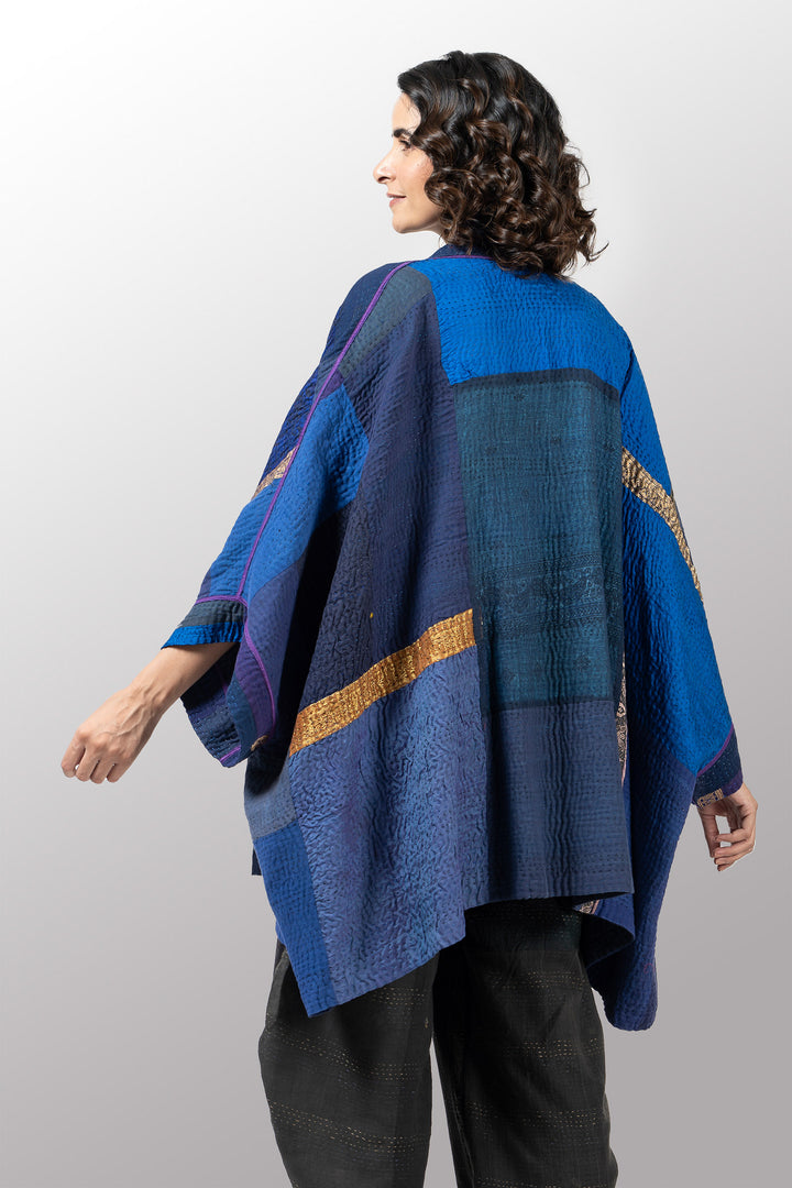 COTTON SILK SW PATCH KANTHA DOUBLE COLLAR PONCHO - ws4323-nvy -