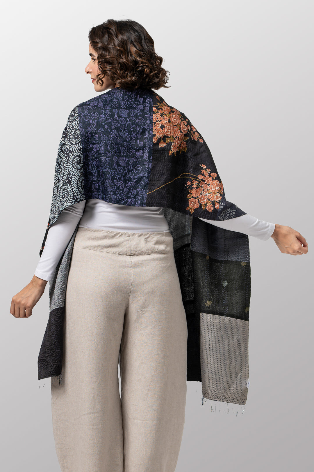 VINTAGE SILK PATCH KANTHA SCARF STANDARD - vp2801-blk -