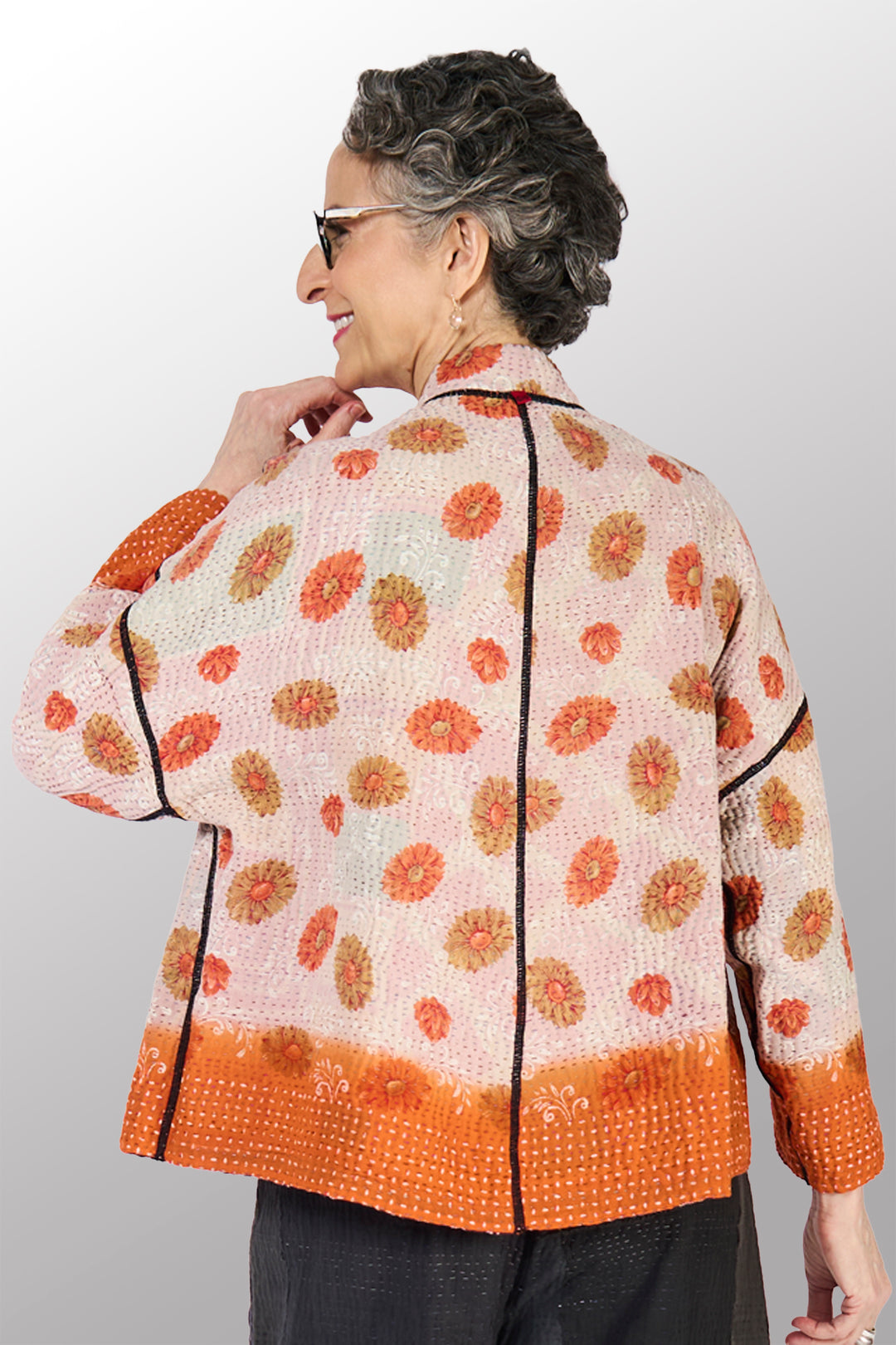 VINTAGE COTTON KANTHA STAND COLLAR CROPPED JKT - cv4034-0157a -