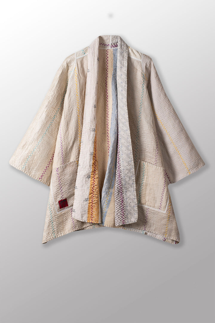 JEWEL WOVEN WITH VERTICAL PATCH KANTHA A-LINE JACKET - jv4003-ivy -