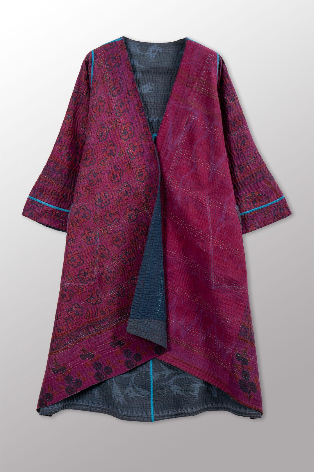 COTTON OVERDYE KANTHA WRAP FLARE COAT - ov4330-cfus002a -