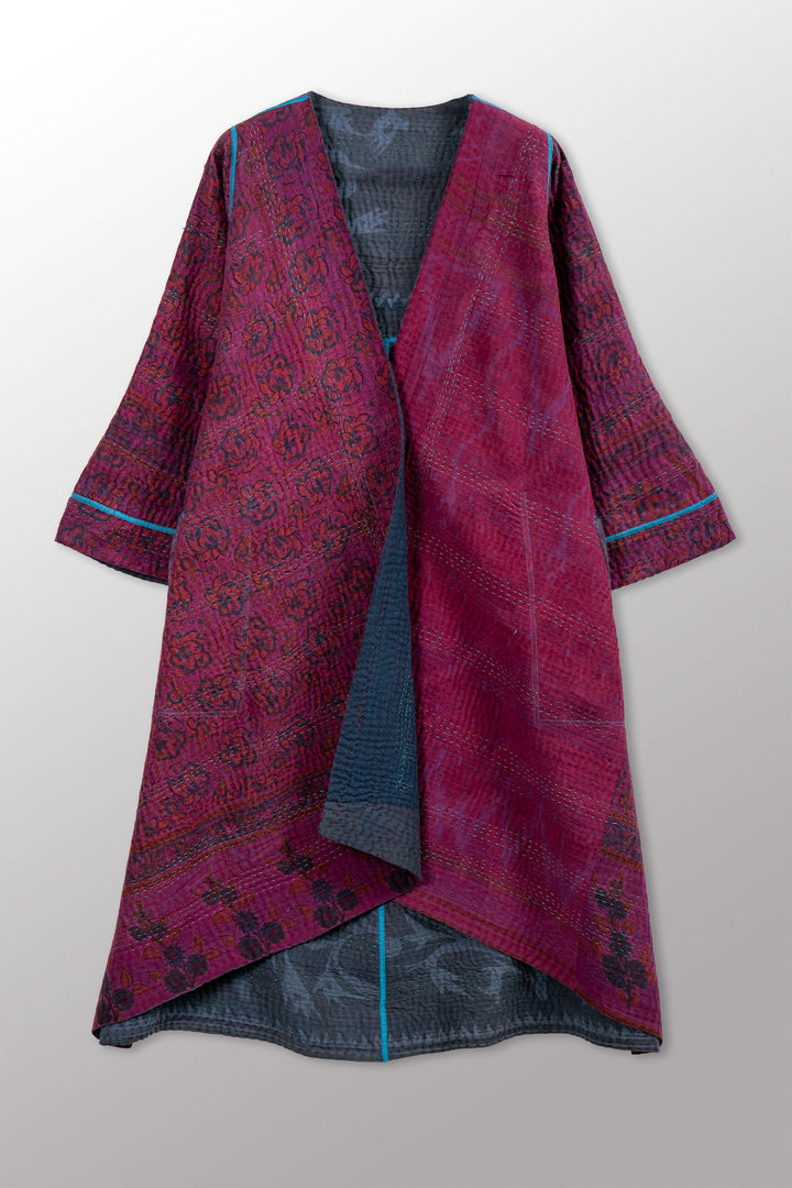COTTON OVERDYE KANTHA WRAP FLARE COAT - ov4330-cfus002a -