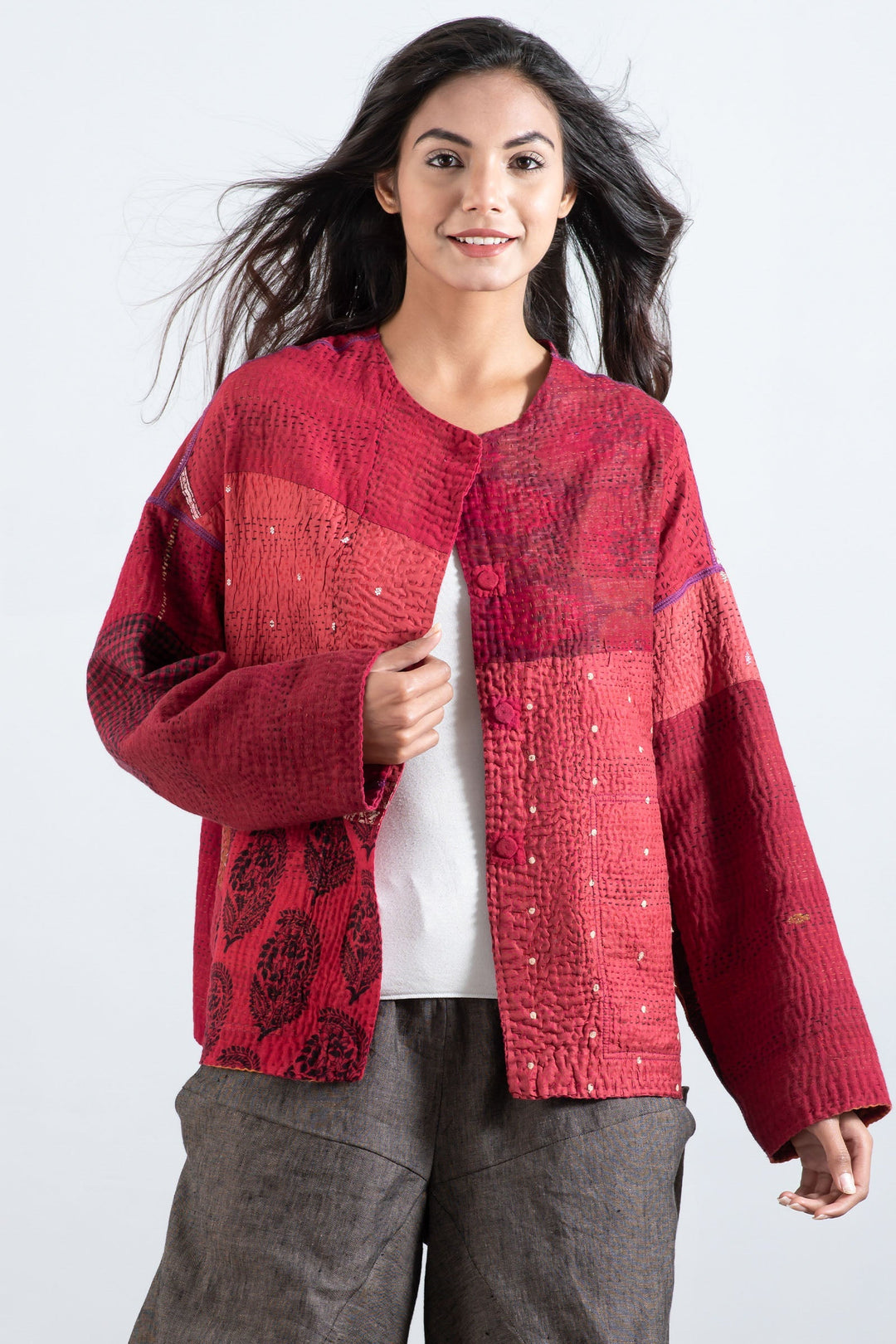 COTTON SILK SW PATCH KANTHA CREW NECK SHORT JKT - ws4053-red -