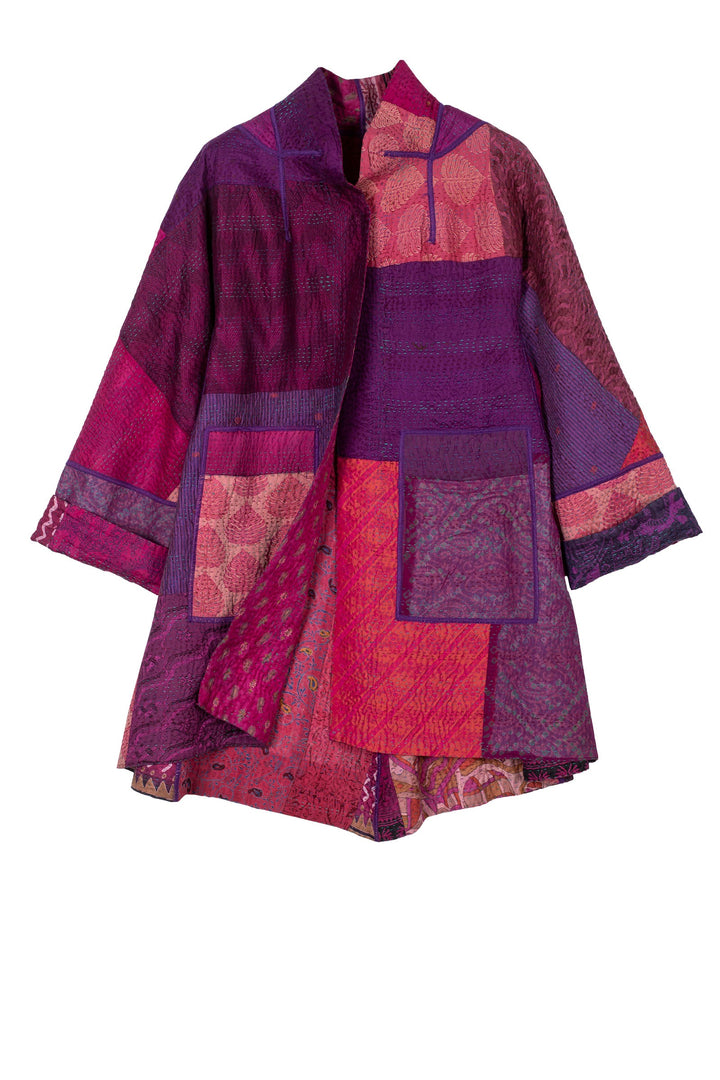 JACQUARD SILK KANTHA FLARE LONG JACKET - js4021-pik -