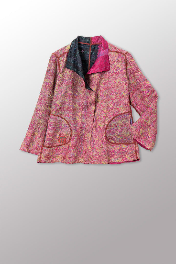 VINTAGE SILK GEORGETTE KANTHA SHORT JACKET - sg2007-0006m -
