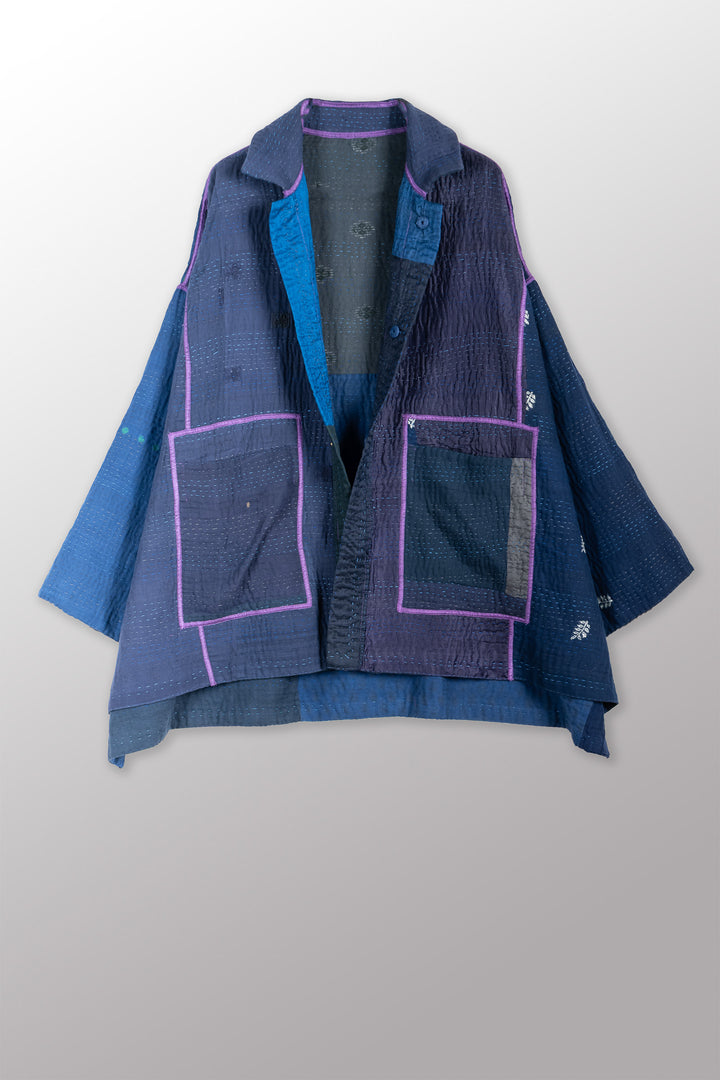 JAIPUR PATCH KANTHA OVERSIZED MINI COAT - jp4332-nvy -