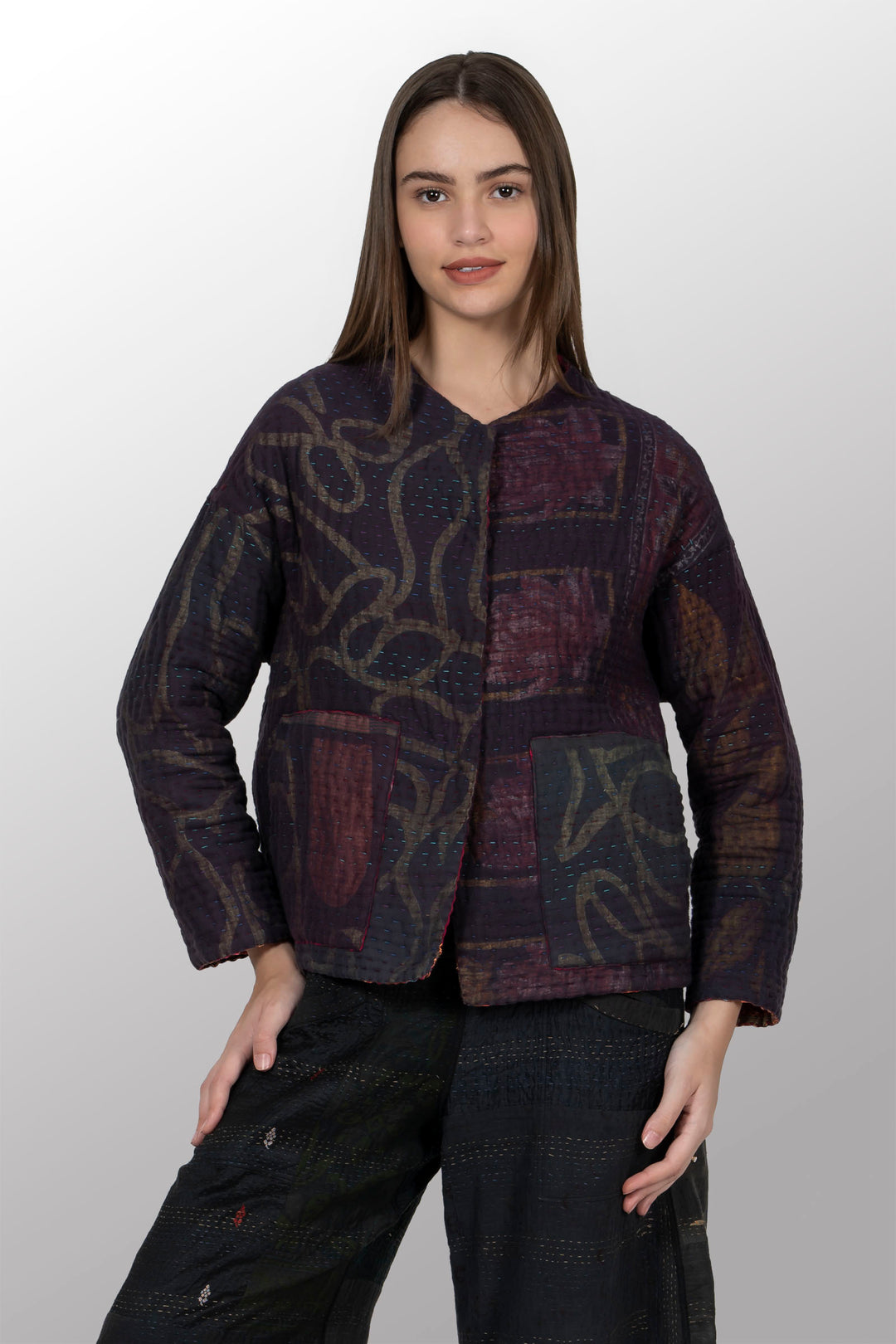 QUILTED OVER DYE COTTON KANTHA CREW NECK SHORT JKT - oq5053-cred002a -