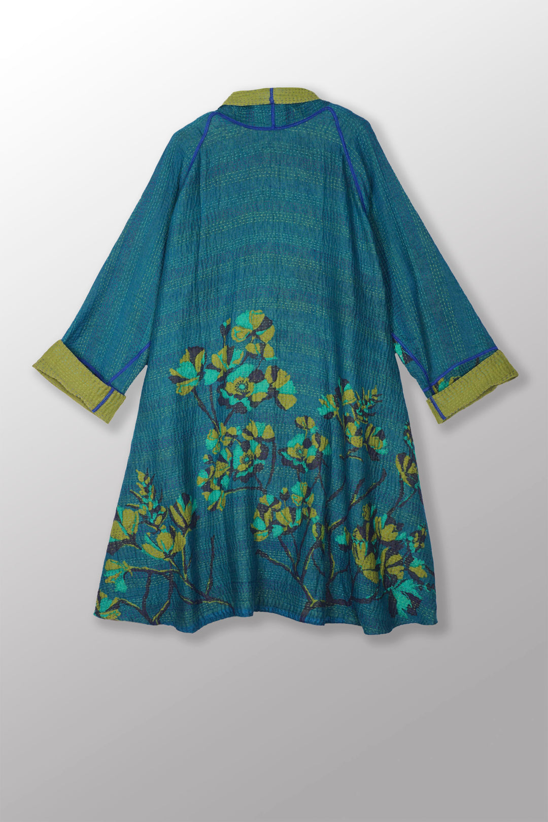 BLOOMING FLOWERS KANTHA KIMONO LONG JACKET - bf4005-blu -