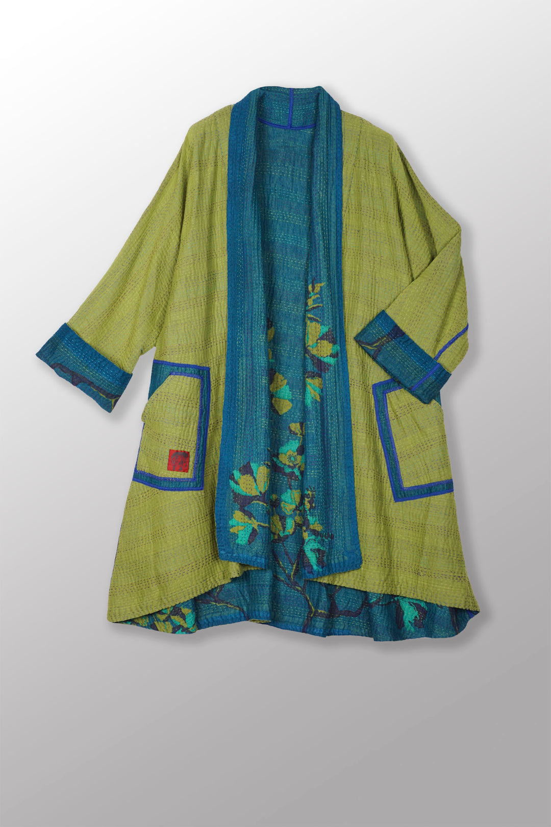 BLOOMING FLOWERS KANTHA KIMONO LONG JACKET - bf4005-blu -