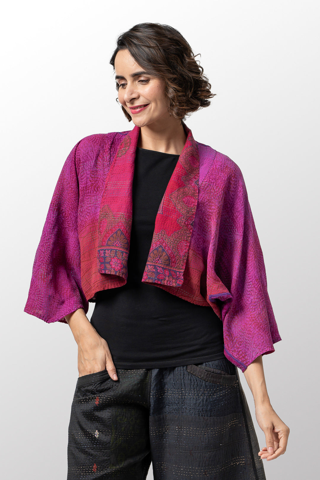 VINTAGE SILK GEORGETTE COTTON KANTHA PUFF SLV. SHRUG - gc2062-0002a -