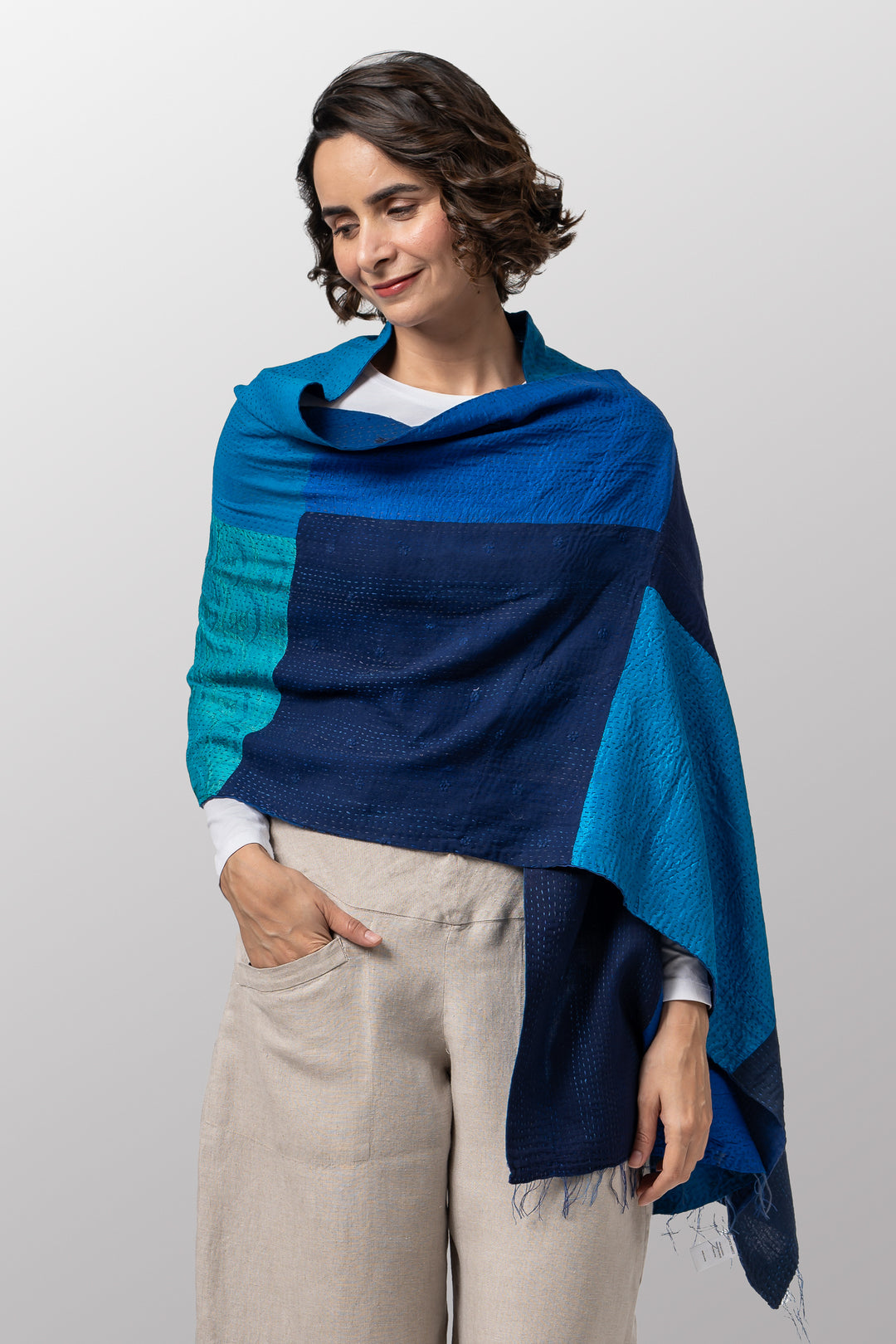 COTTON SILK SW PATCH OMBRE KANTHA SCARF STANDARD - wo2801-blu -