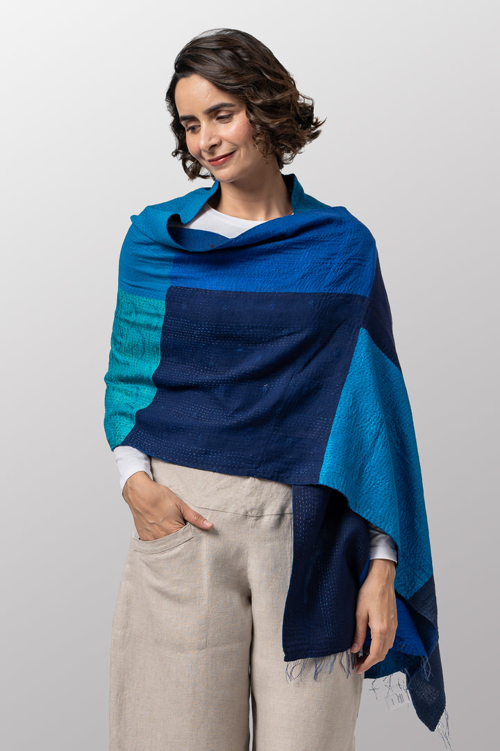 COTTON SILK SW PATCH OMBRE KANTHA SCARF STANDARD - wo2801-blu -