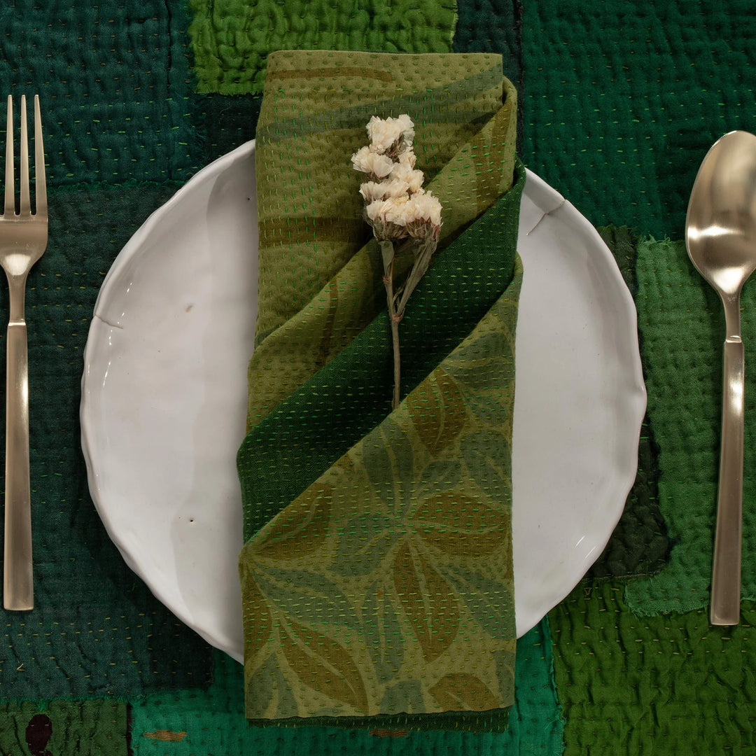 Landscape Fray Patch Vintage Kantha Napkin -Green (Set of 2)