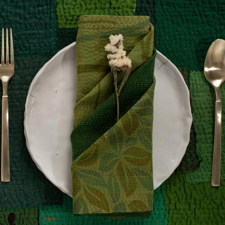 Landscape Fray Patch Vintage Kantha Napkin -Green (Set of 2)
