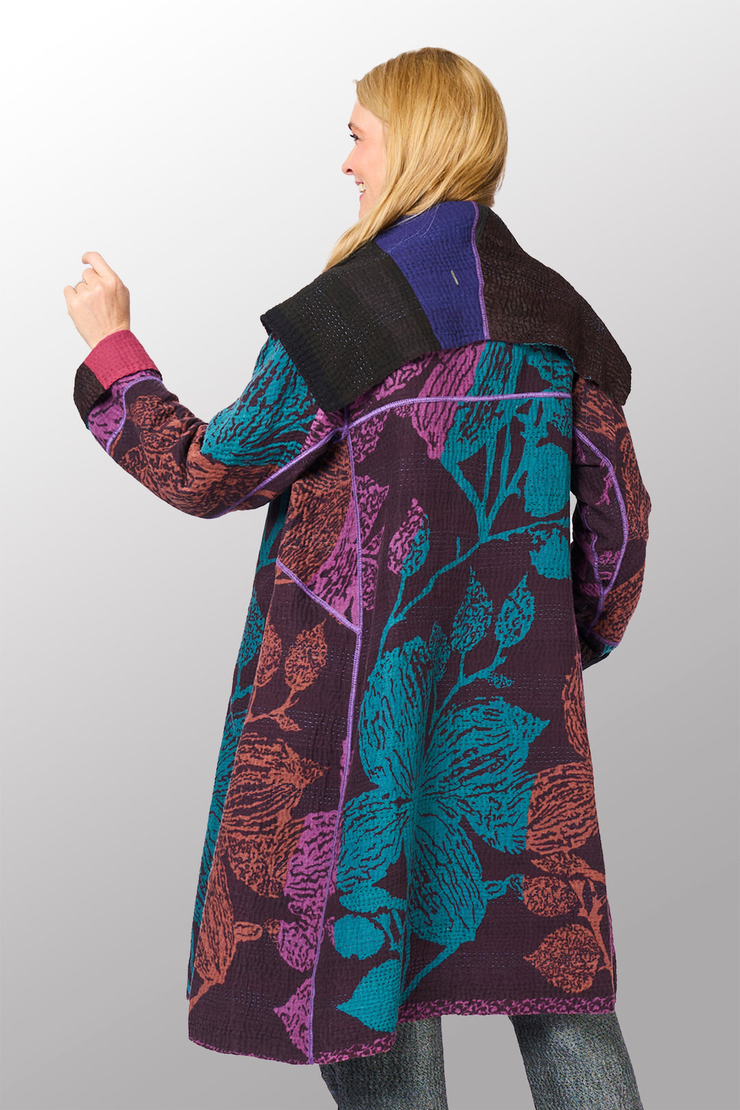 NIGHT FLOWERS KANTHA A-LINE COAT - nl4309-prp -