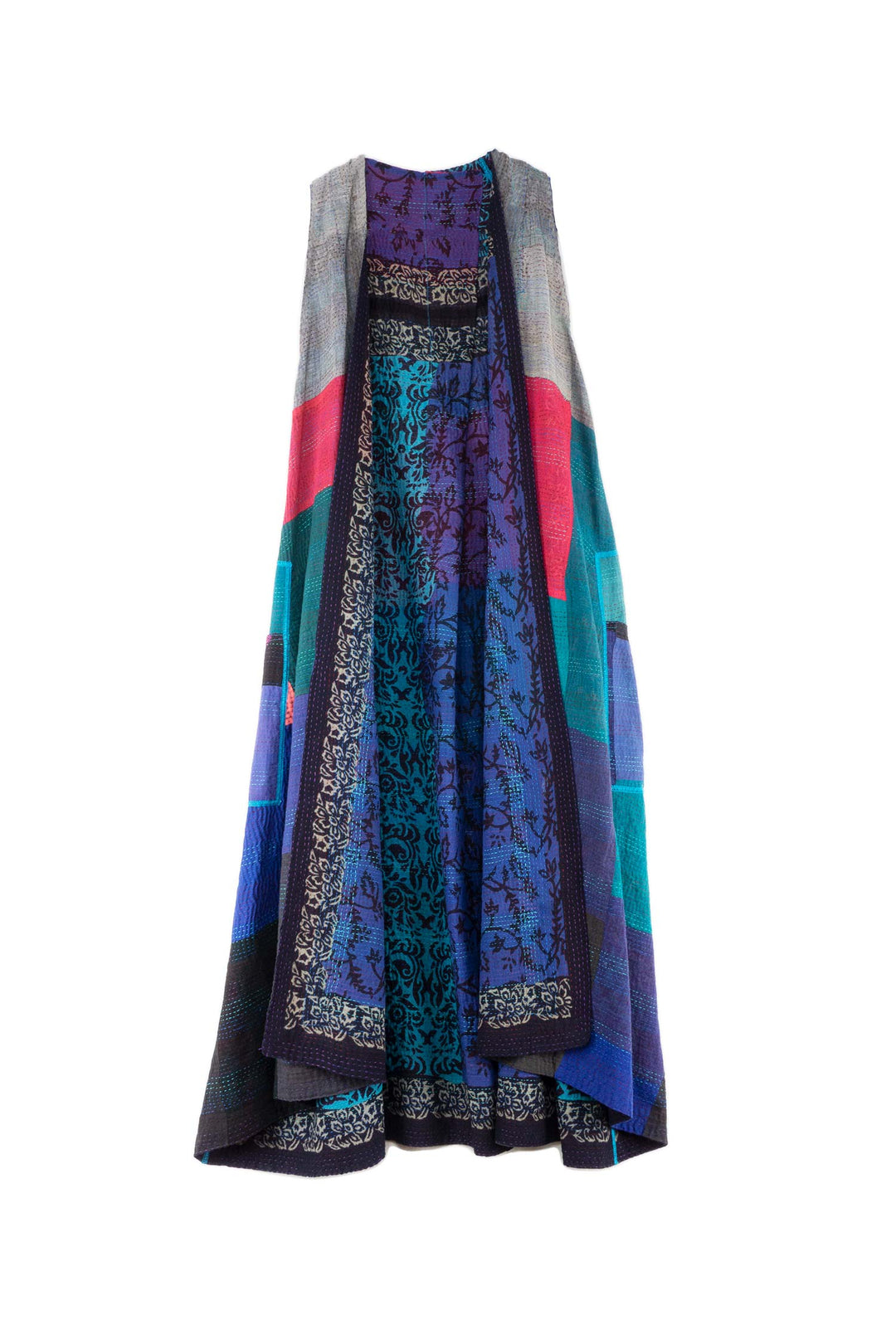 BAGH PRINT KANTHA BACK PLEATED VEST MAXI - bg2222-blu -