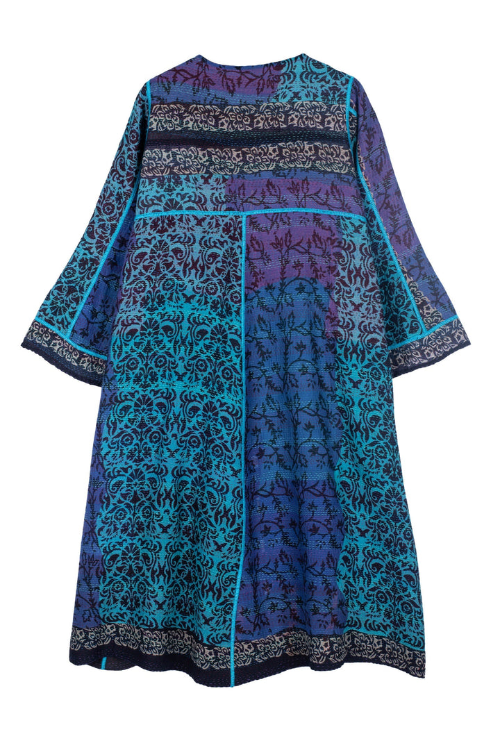 BAGH PRINT KANTHA WRAP FLARE COAT - bg2330-blu -