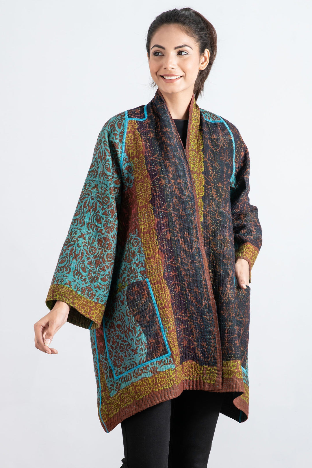 BAGH PRINT KANTHA A-LINE JKT - bg4003-brn -