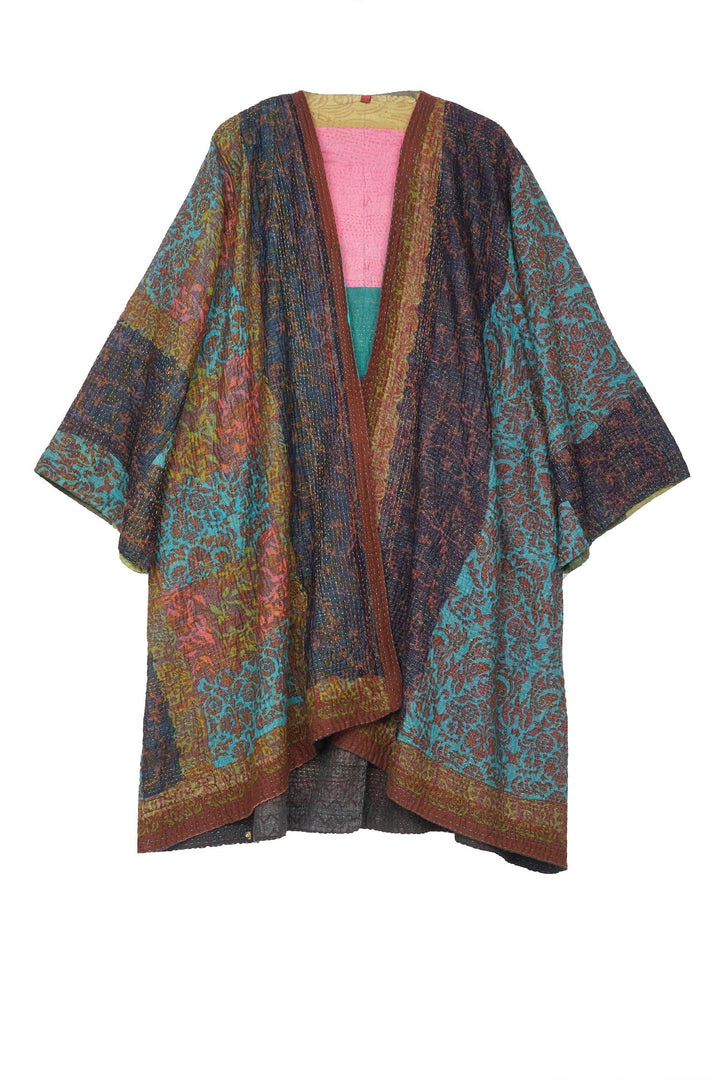 BAGH PRINT KANTHA KIMONO DUSTER - bg4317-brn -