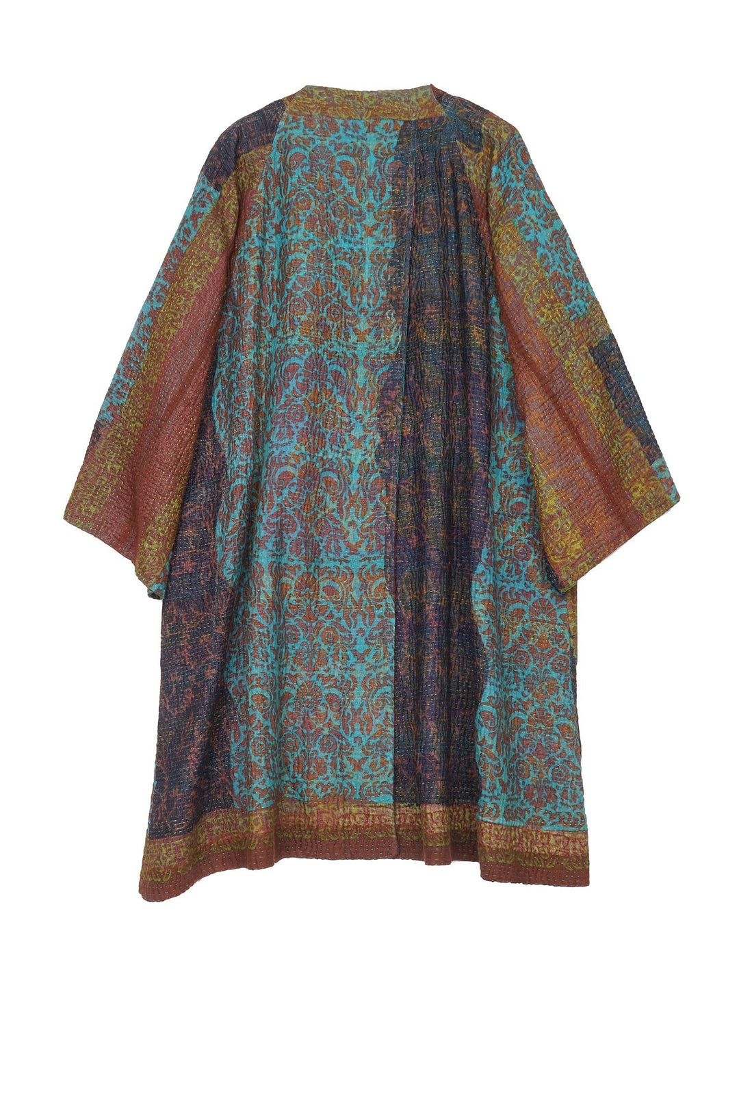 BAGH PRINT KANTHA KIMONO DUSTER - bg4317-brn -