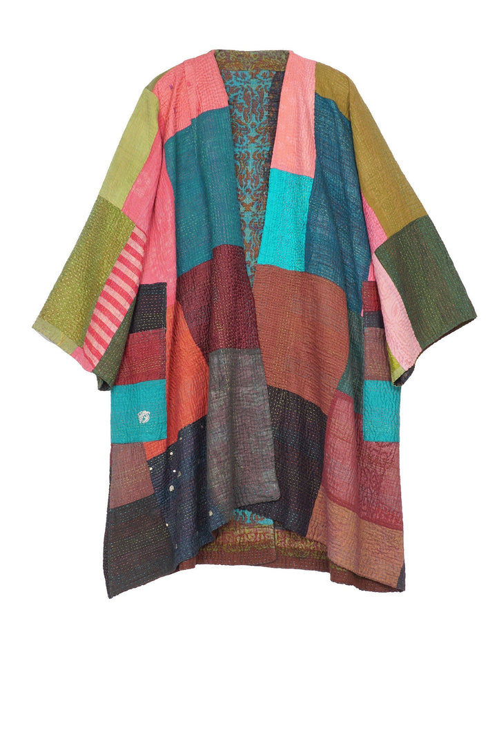 BAGH PRINT KANTHA KIMONO DUSTER - bg4317-brn -