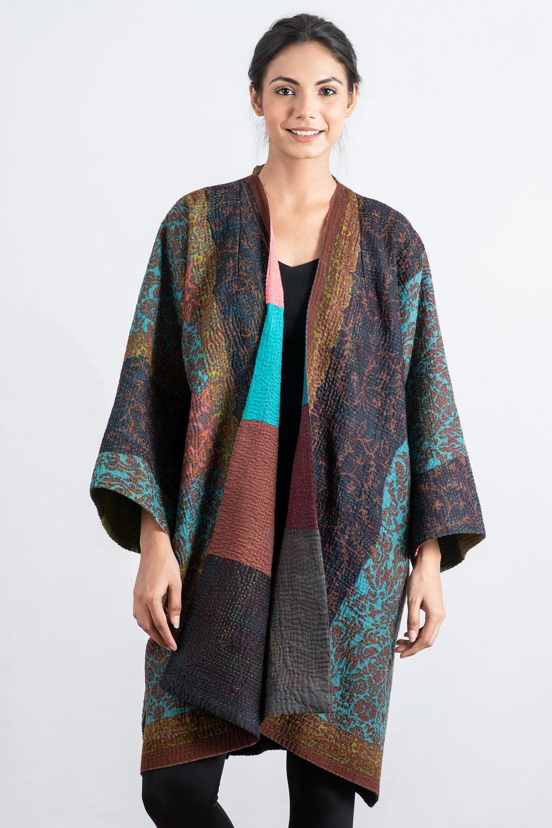 BAGH PRINT KANTHA KIMONO DUSTER - bg4317-brn -