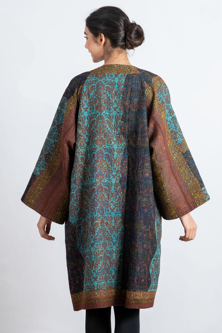 BAGH PRINT KANTHA KIMONO DUSTER - bg4317-brn -