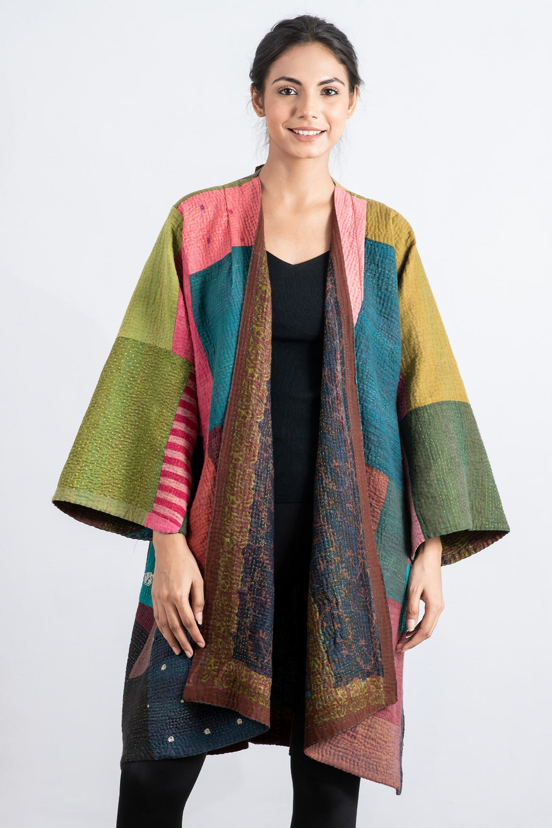 BAGH PRINT KANTHA KIMONO DUSTER - bg4317-brn -