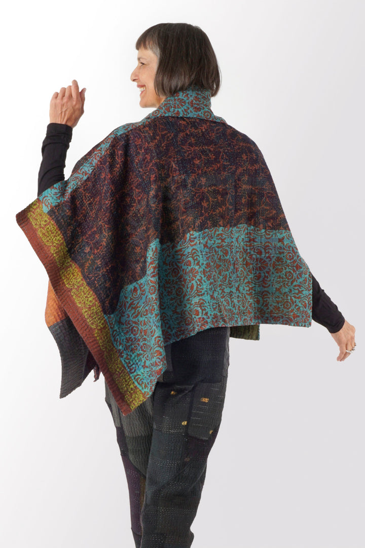 BAGH PRINT KANTHA A-LINE JKT COWL NECK LONG CAPE - bg4842-brn -