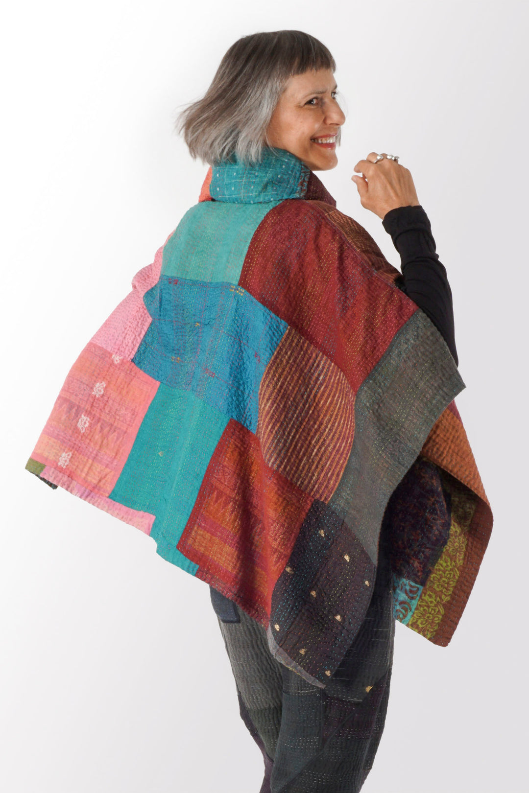 BAGH PRINT KANTHA A-LINE JKT COWL NECK LONG CAPE - bg4842-brn -