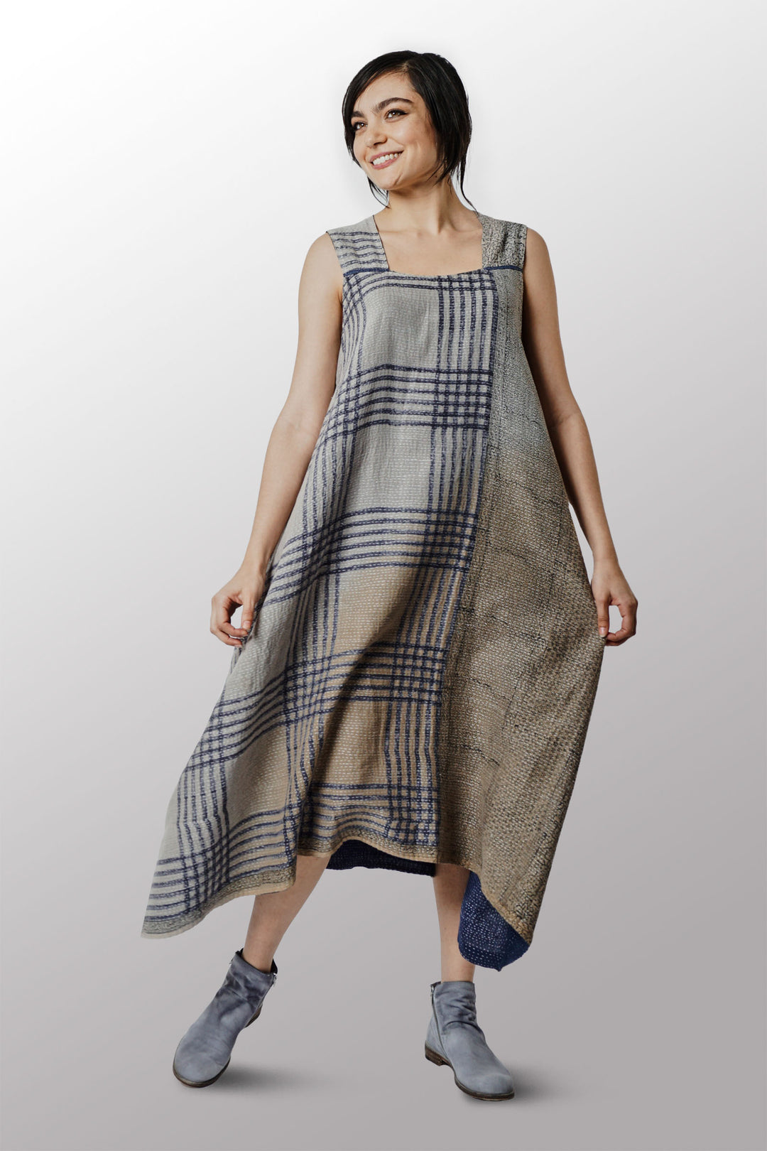 INDONESIAN PRINT VINTAGE INDIGO BACKING KANTHA TENT DRESS bi2413